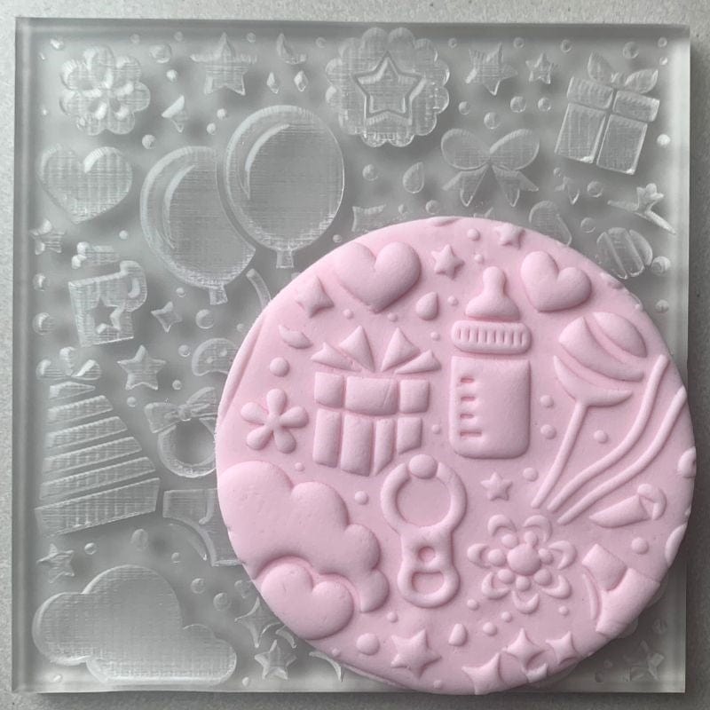 Baby shower fondant cookie stamp with baby-themed designs and acrylic embosser plate