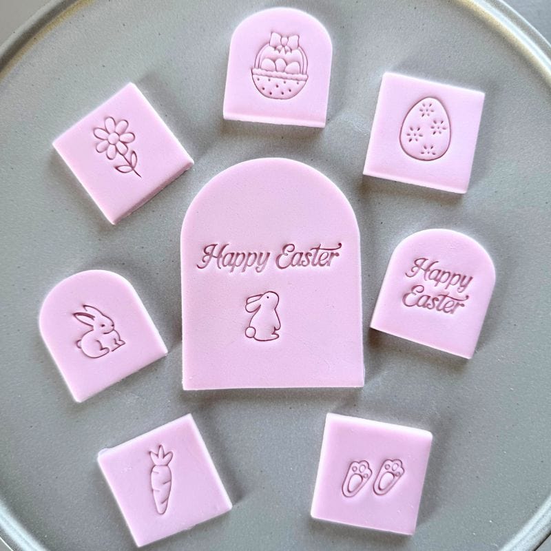 Easter Wonderland Mini Cookie Stamp Set with adorable pink acrylic stamps for fondant cookies.