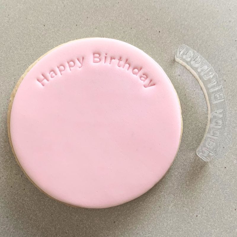 Mini Happy Birthday Curved Cookie Stamp used to create decorated fondant cookie