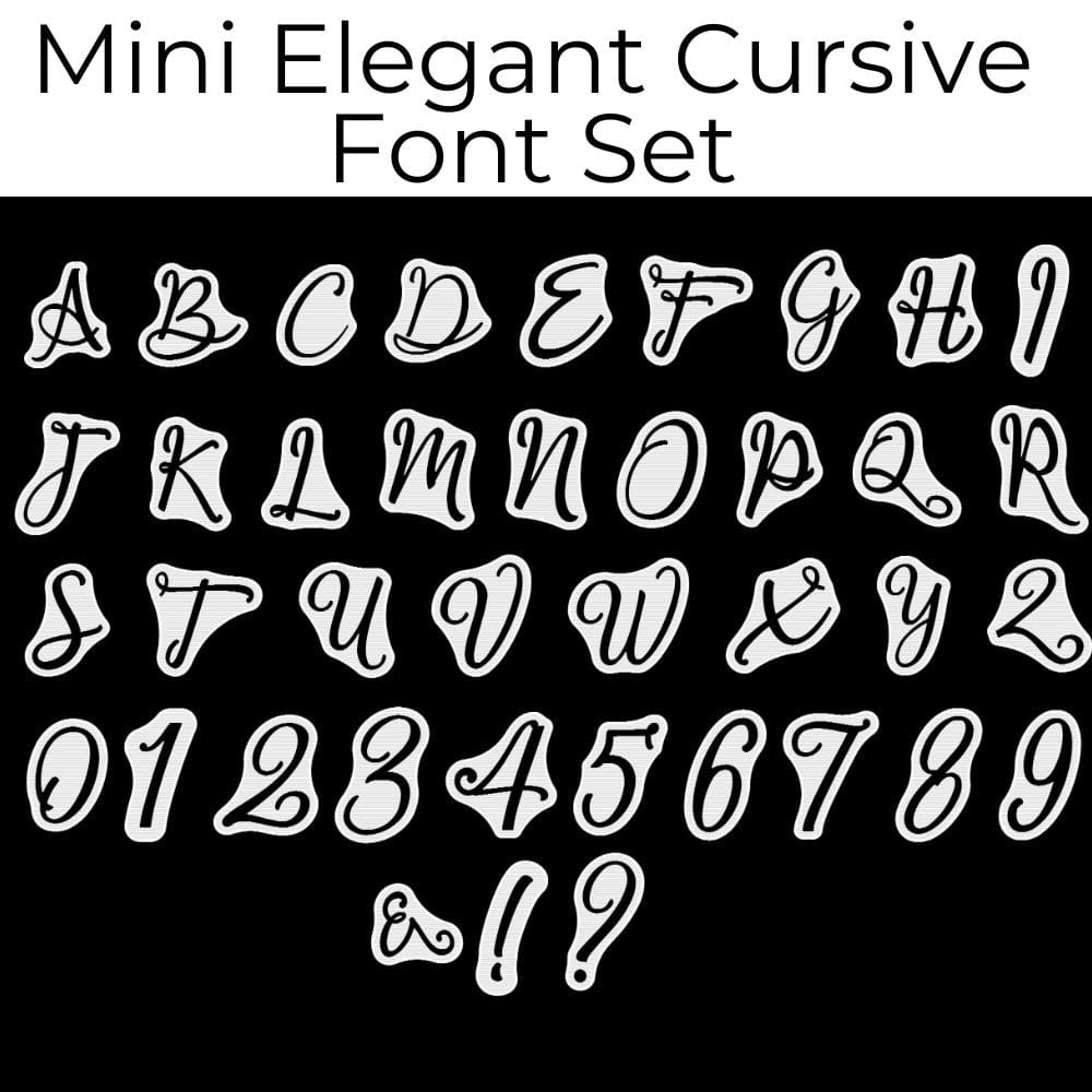 Preview of all elegant cursive capital letters, numbers (0-9), and basic punctuation marks included in the Mini Cursive Capital Letter Cookie Stamp Set. Choose your desired character to create stunning personalized messages on your cookies and fondant designs!