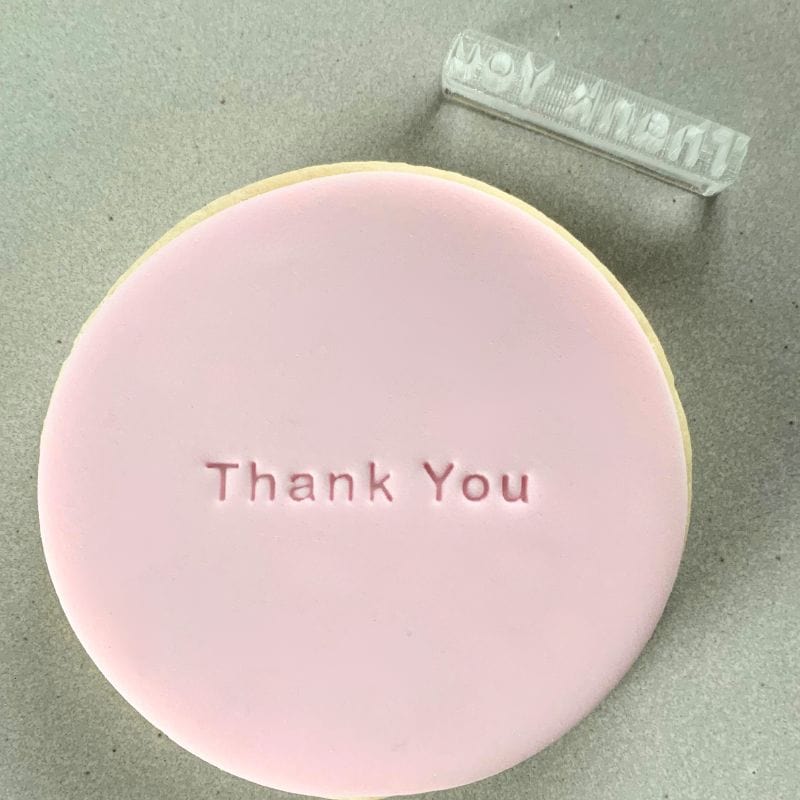 Mini One-Line Thank You Cookie Stamp used to create decorated fondant cookie